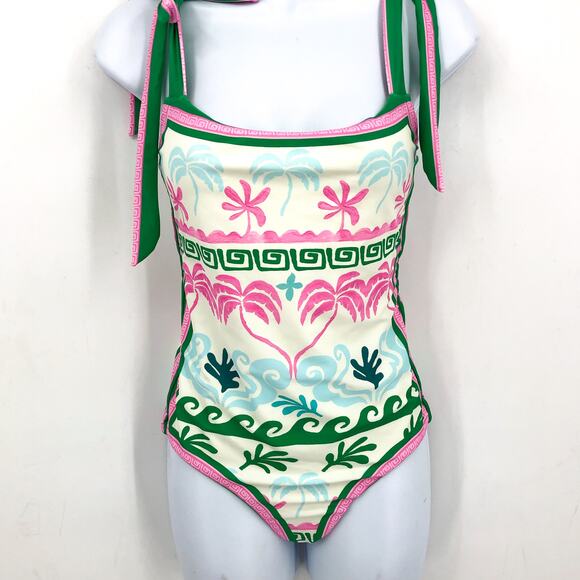 BEACH RIOT Women Shona One Piece Swimsuit Medium White Tropical Palm Tie NWT - Picture 8 of 13